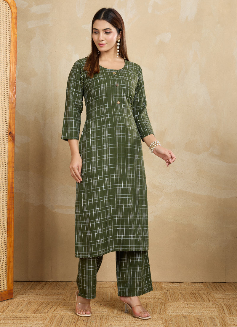 Prazu Fashion Green Printed Cotton Blend Kurta Pant Set | Grocsy