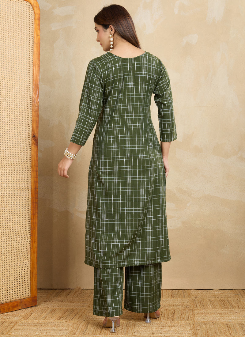 Prazu Fashion Green Printed Cotton Blend Kurta Pant Set | Grocsy