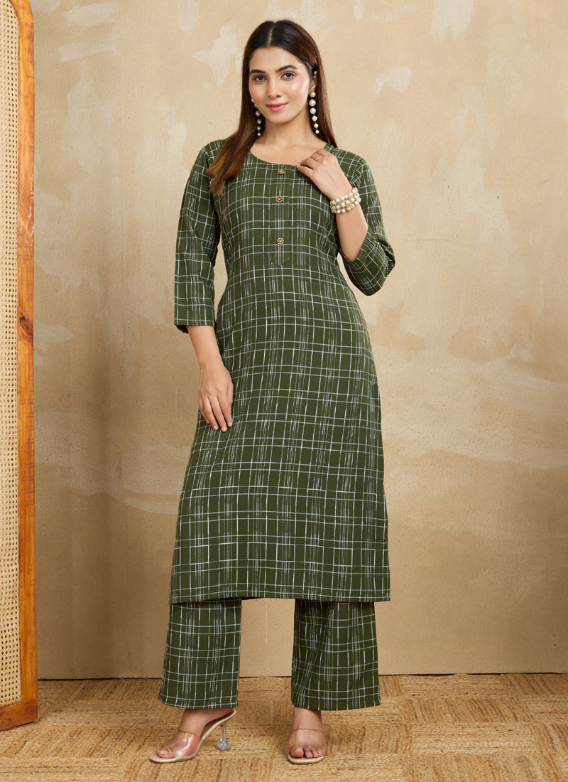 Prazu Fashion Green Printed Cotton Blend Kurta Pant Set | Grocsy