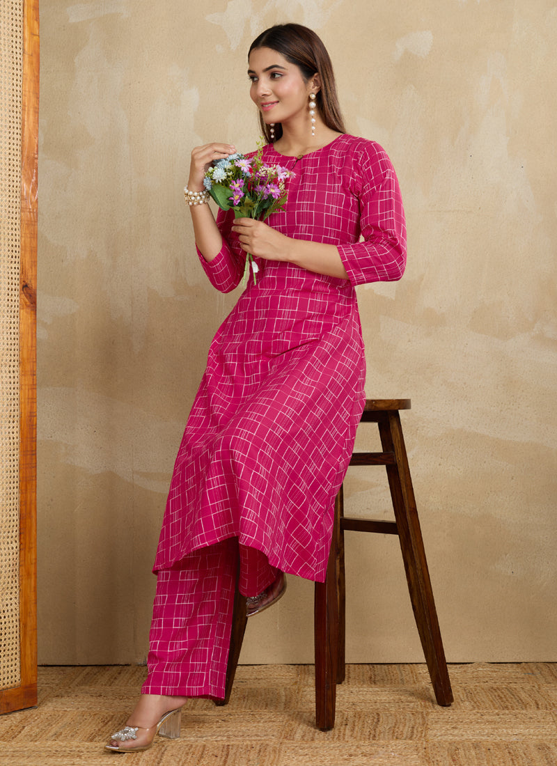 Prazu Fashion Pink Printed Cotton Blend Kurta Pant Set | Grocsy