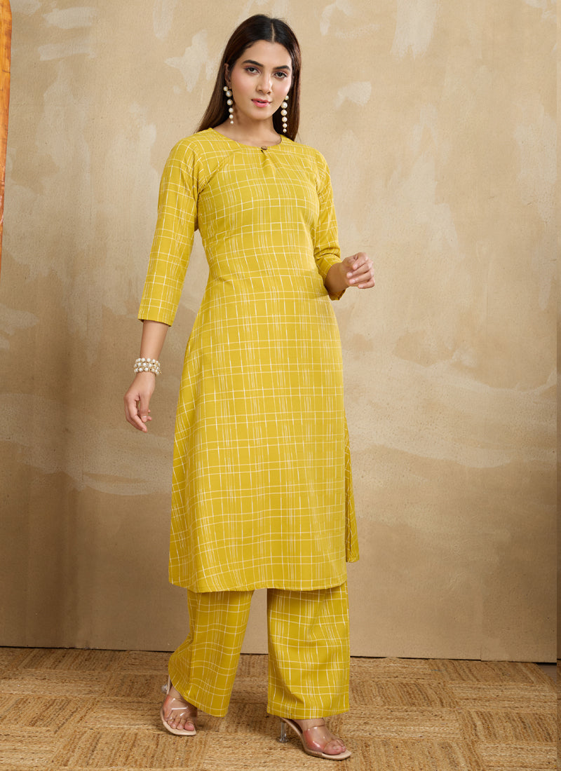 Prazu Fashion Yellow Printed Cotton Blend Kurta Pant Set | Grocsy