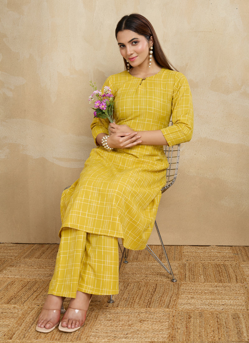 Prazu Fashion Yellow Printed Cotton Blend Kurta Pant Set | Grocsy