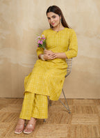 Prazu Fashion Yellow Printed Cotton Blend Kurta Pant Set | Grocsy