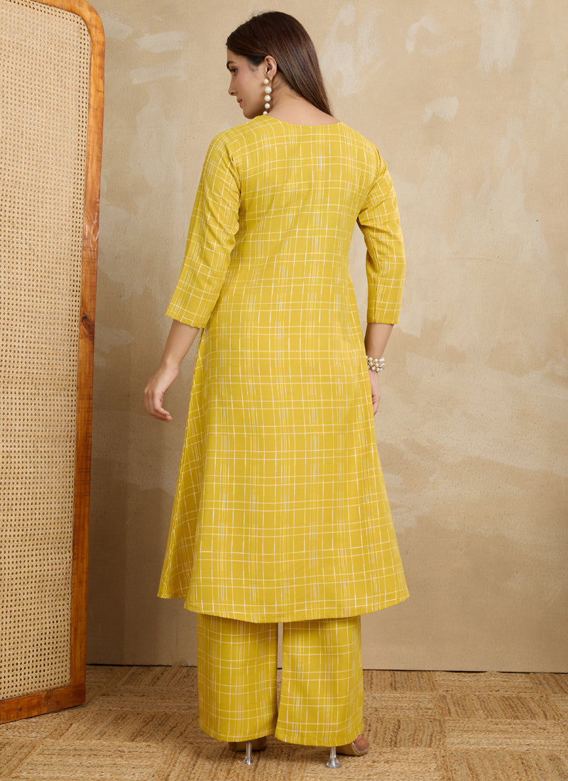 Prazu Fashion Yellow Printed Cotton Blend Kurta Pant Set | Grocsy