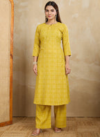 Prazu Fashion Yellow Printed Cotton Blend Kurta Pant Set | Grocsy