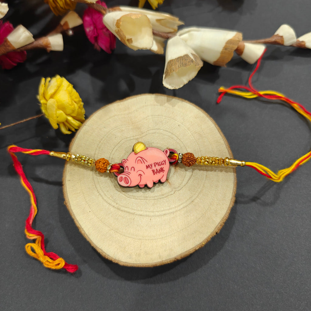 Indianvibez Piggy Bank Wooden Rakhi, Cute Rakhi for Brother - Kids Rakhi | Grocsy