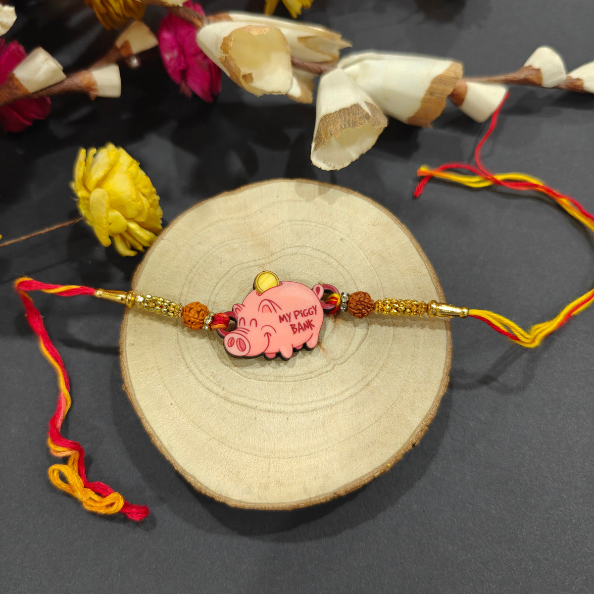 Indianvibez Piggy Bank Wooden Rakhi, Cute Rakhi for Brother - Kids Rakhi | Grocsy