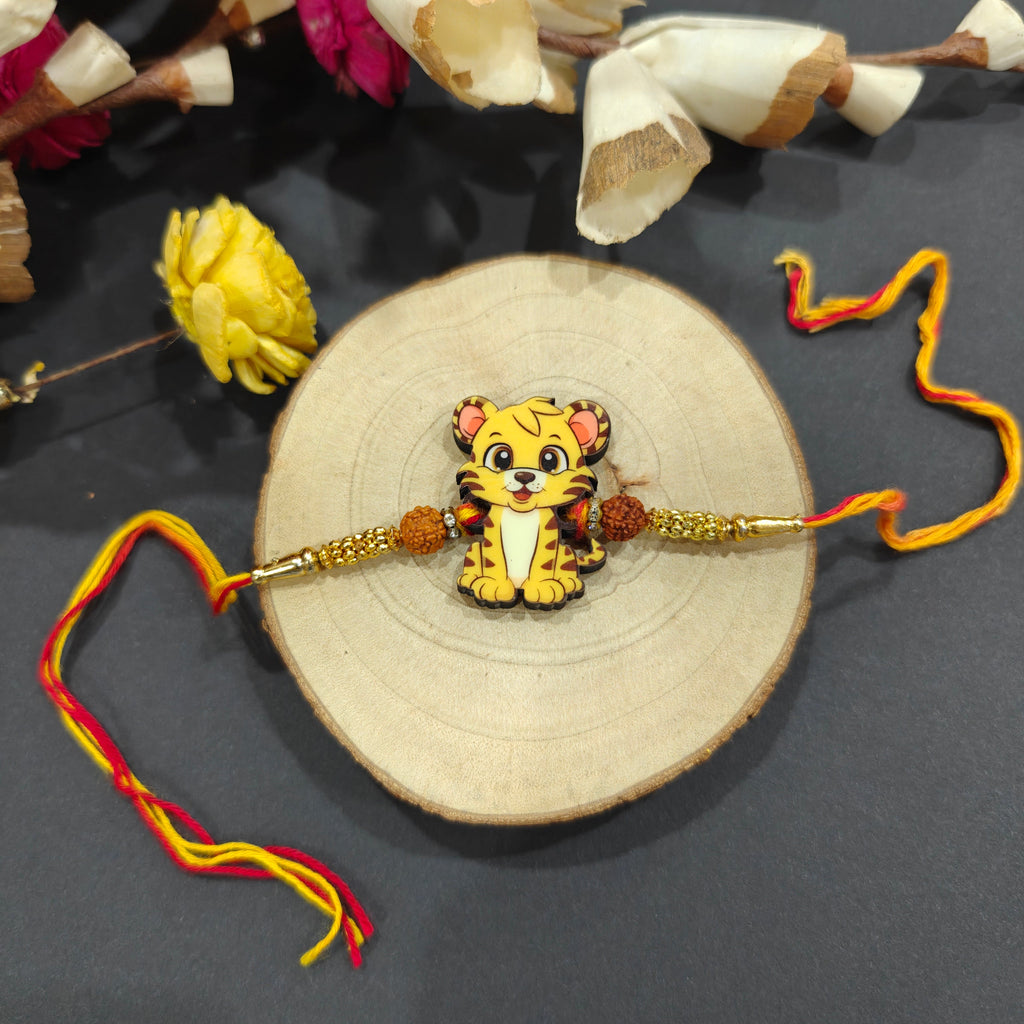 Indianvibez Cute Tiger Rakhi for Brother, Wooden Animal Rakhi - Kids Rakhi | Grocsy