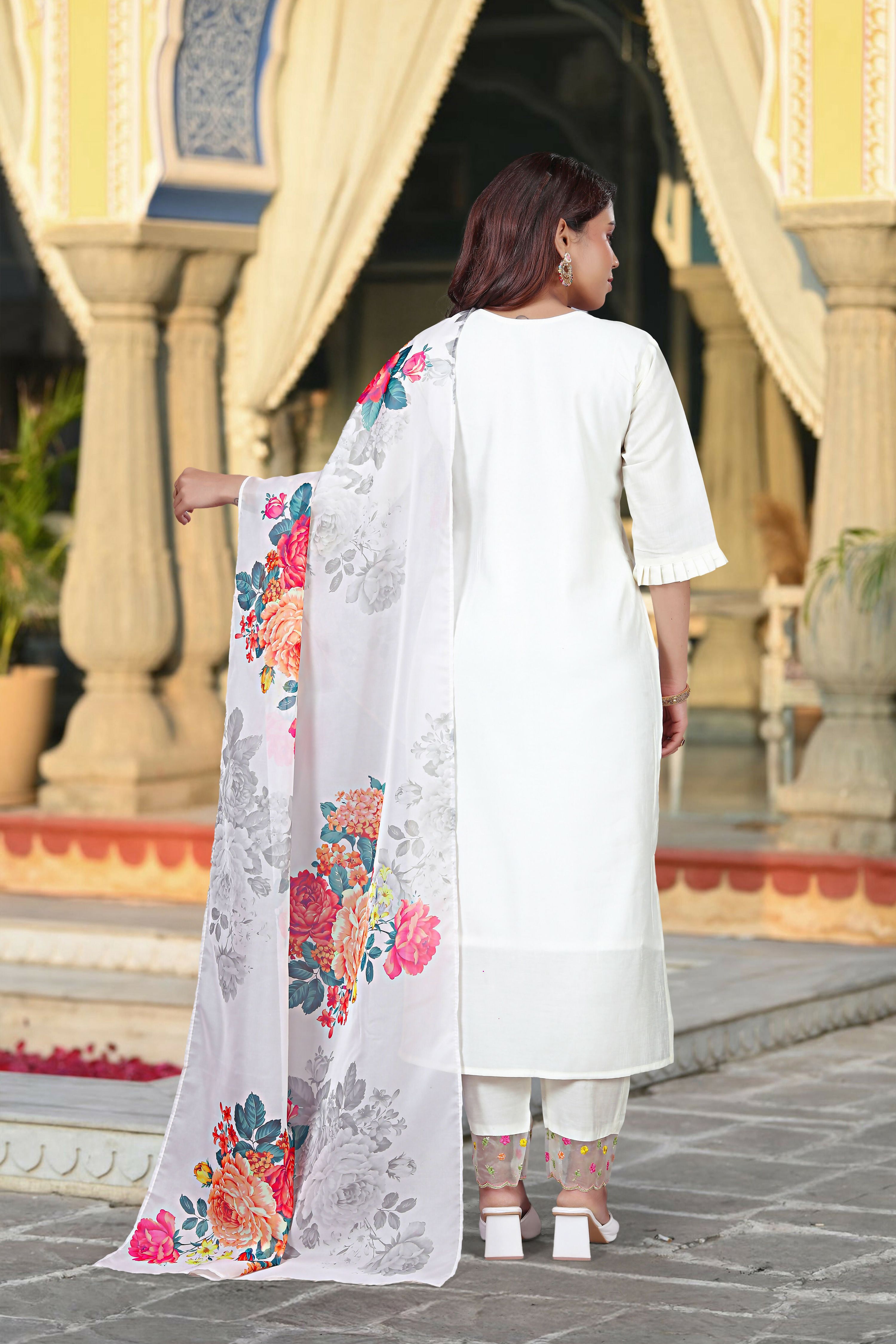 The52 Women's Beautiful Chanderi Fabric Embroidery Work Straight Kurta Pant and Dupatta Set | Grocsy