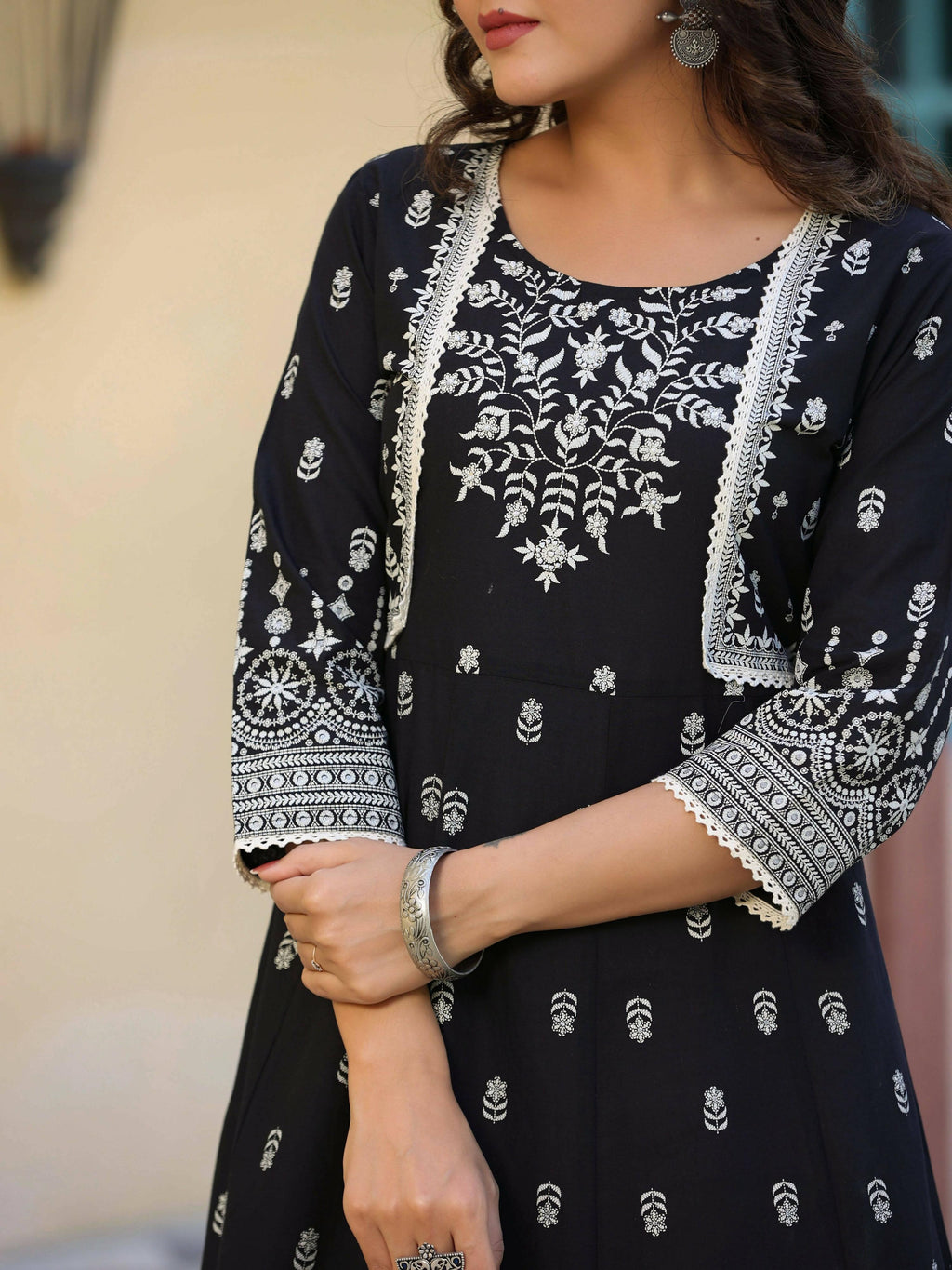 Juniper Women's Black Printed Anarkali Flared Dress | Grocsy