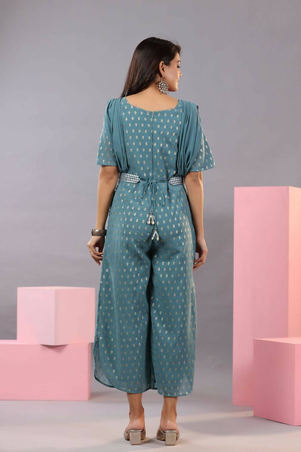 Juniper Women Teal Georgette Foil Printed Draped Jumpsuit | Grocsy