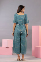 Juniper Women Teal Georgette Foil Printed Draped Jumpsuit | Grocsy