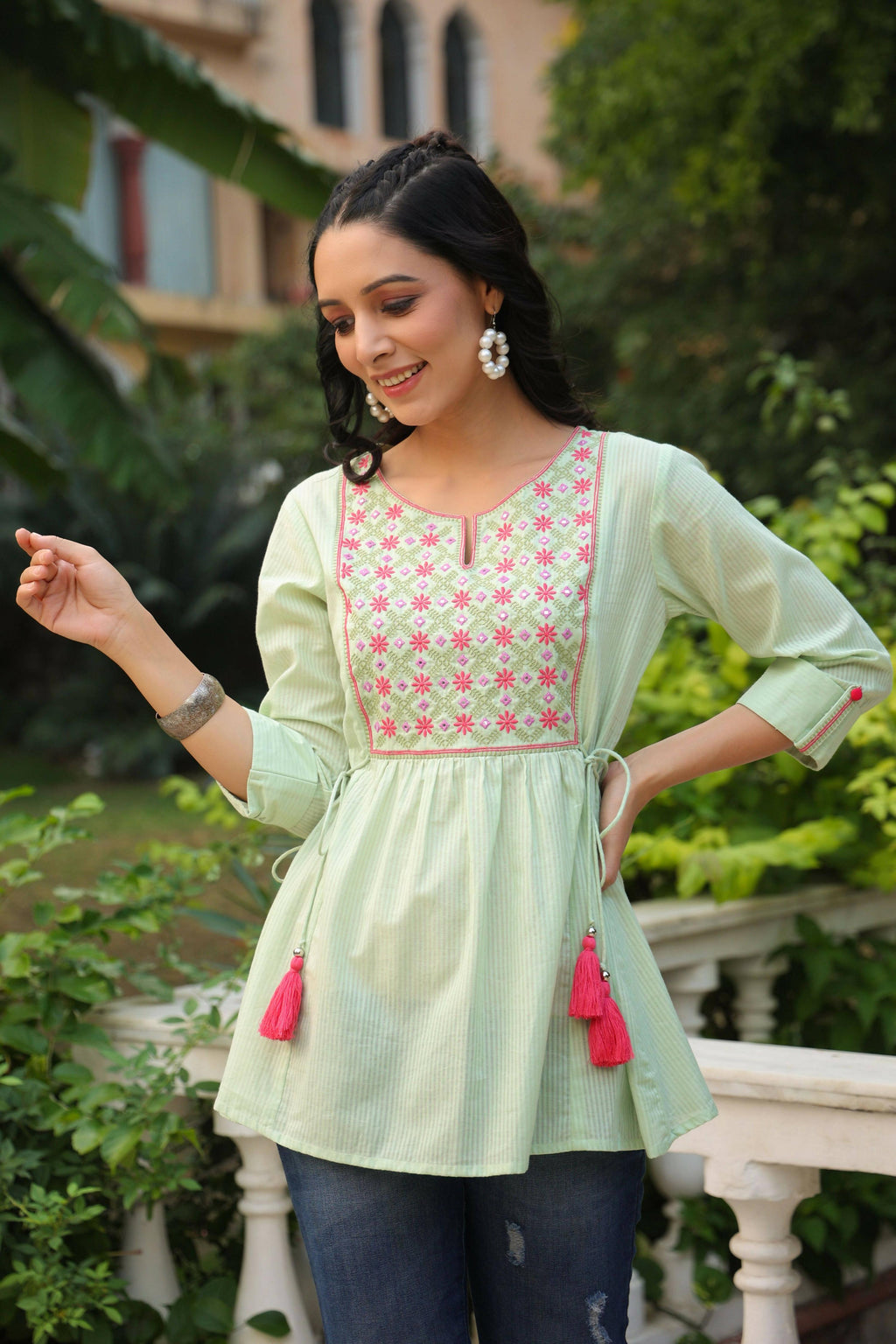 Juniper Women's Green Cotton Dobby Solid Embroidered Straight Tunic | Grocsy