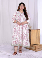 Miravan Women's Plus Size Pink Cotton Gota and Lace Border Birds and Leaf Floral Printed Anarkali Kurta | Grocsy