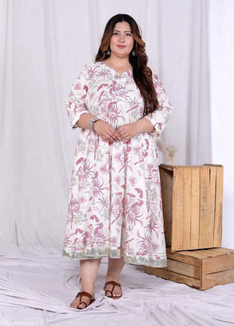 Miravan Women's Plus Size Pink Cotton Gota and Lace Border Birds and Leaf Floral Printed Anarkali Kurta | Grocsy