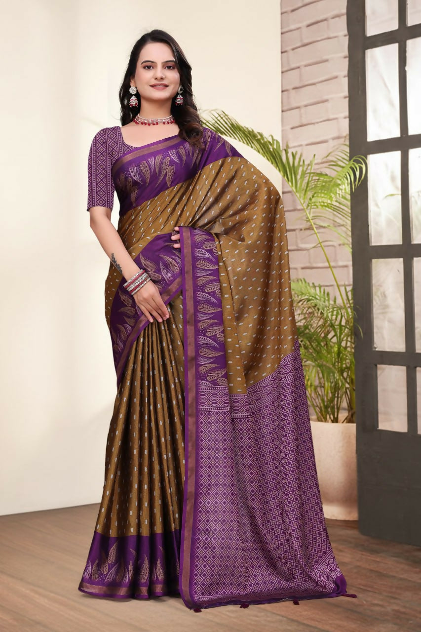 Prime Volt Mal Cotton Mustard Purple Ethnic Printed Saree with Designer Blouse Piece | Grocsy