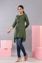 Juniper Women Olive Rayon Solid Asymmetric Kurta | Grocsy