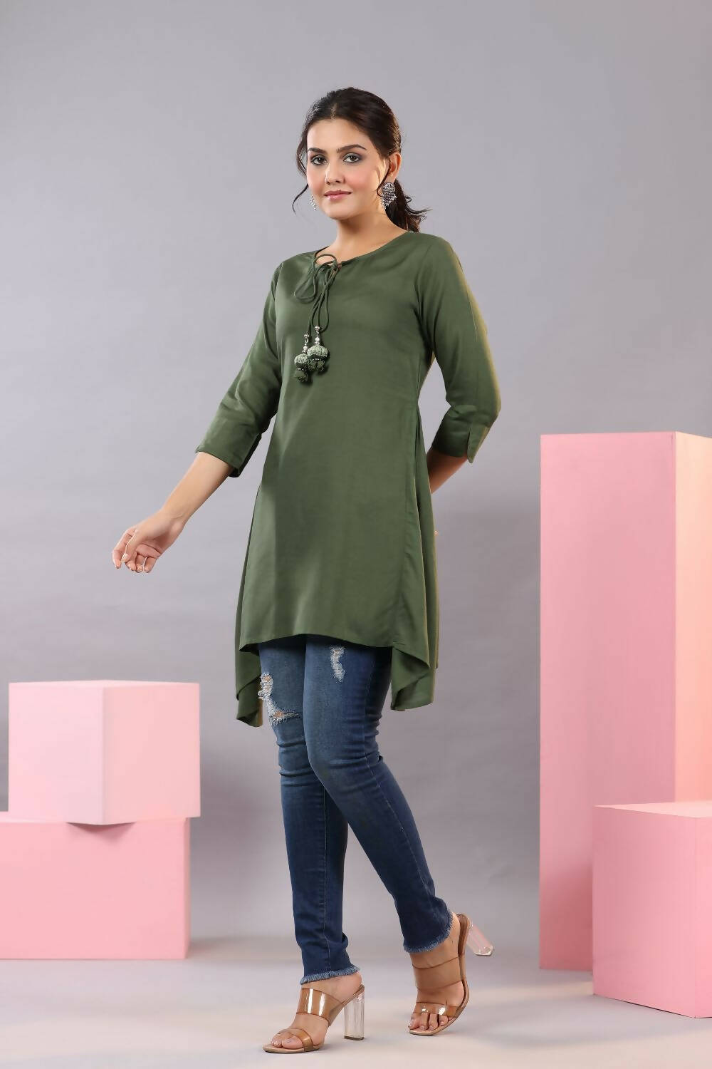 Juniper Women Olive Rayon Solid Asymmetric Kurta | Grocsy