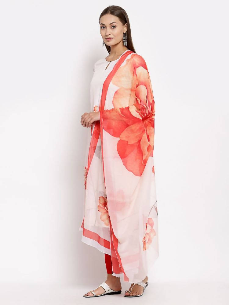 Myshka Women's White Printed Cotton Printed 3/4 Sleeve Round Neck Casual Kurta Pant Dupatta Set | Grocsy