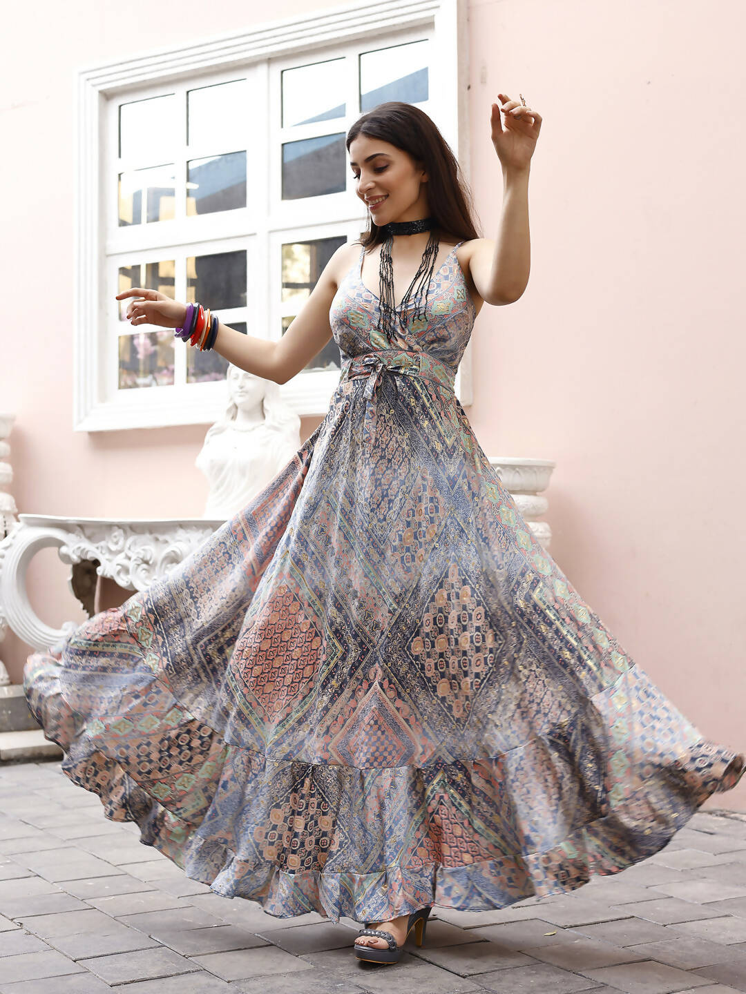 Blue Crepe Foil Printed Long Dress - Michan | Grocsy