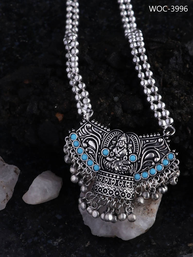 Mominos Fashion Johar Kamal Oxidised Laxmi Mata With Tarquiose Stones Long Necklace | Grocsy