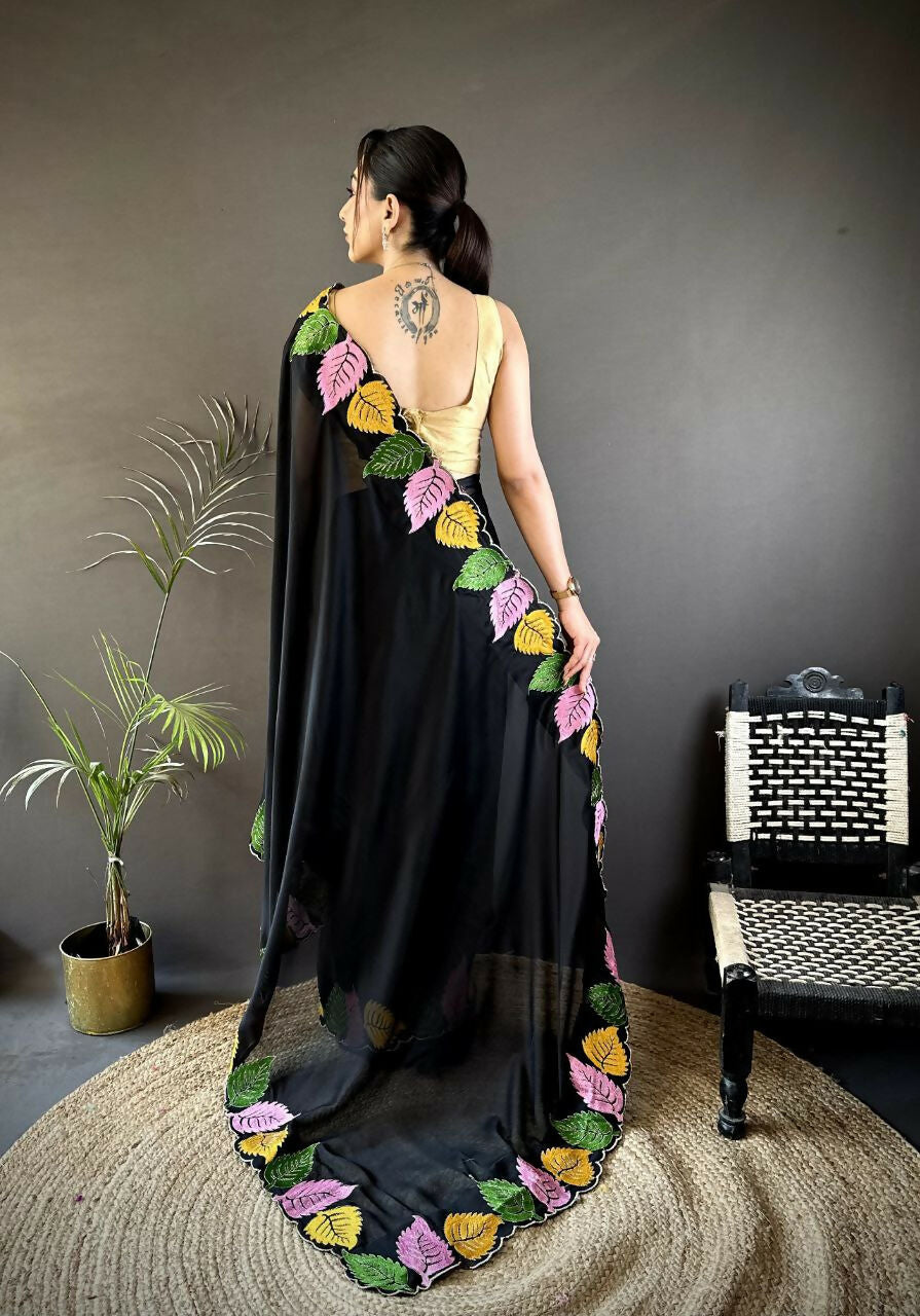 Prime Volt Multicolor Leaf Embroidery Rangoli Silk Saree with Scalloped Border-Black | Grocsy