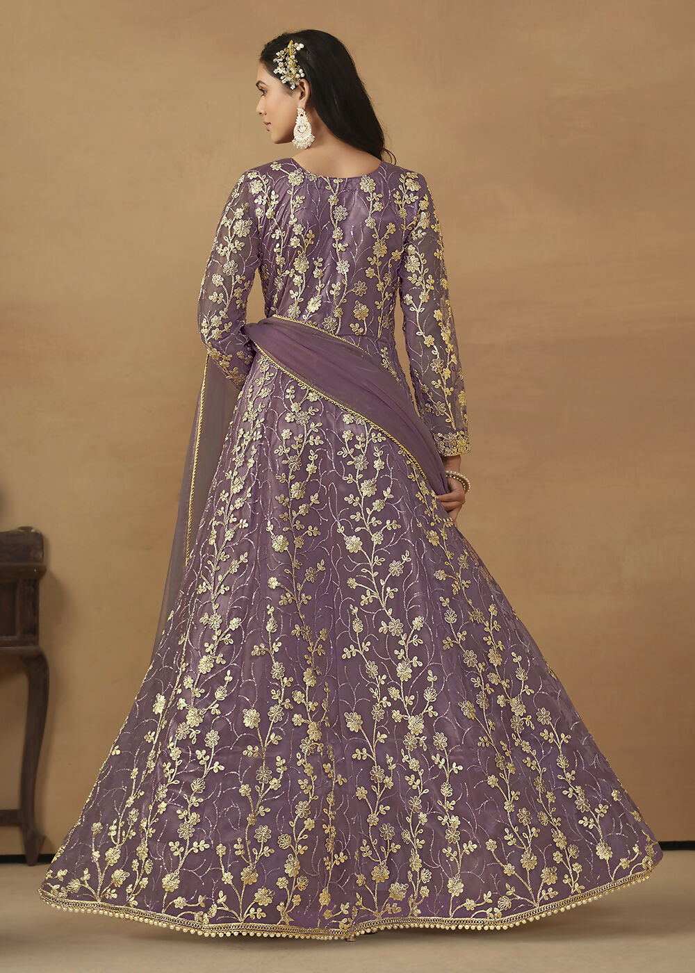 Pant Style Purple Embroidered Net Wedding Anarkali Suit - Emponline | Grocsy