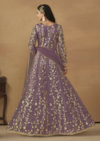 Pant Style Purple Embroidered Net Wedding Anarkali Suit - Emponline | Grocsy