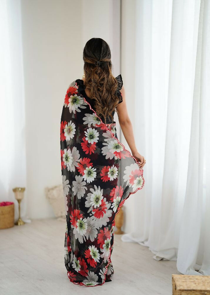 PR Fashion Black Georgette Printed With Mirror Work Saree | Grocsy