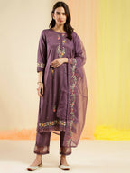 Wine Chinon Embroidered Straight Kurta with Trouser & Dupatta - Salimar | Grocsy