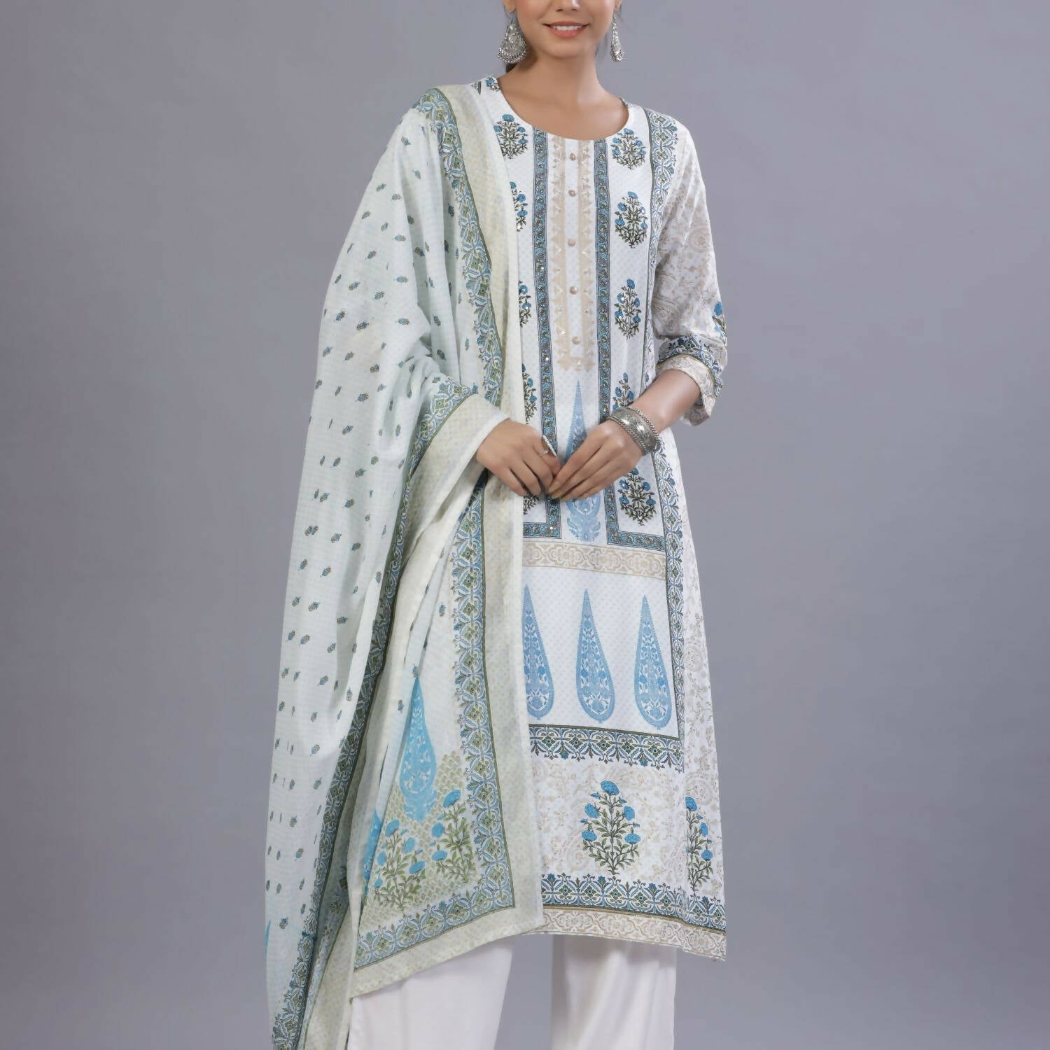Juniper Women Blue Rayon Printed Kurta, Pants and Dupatta Set | Grocsy