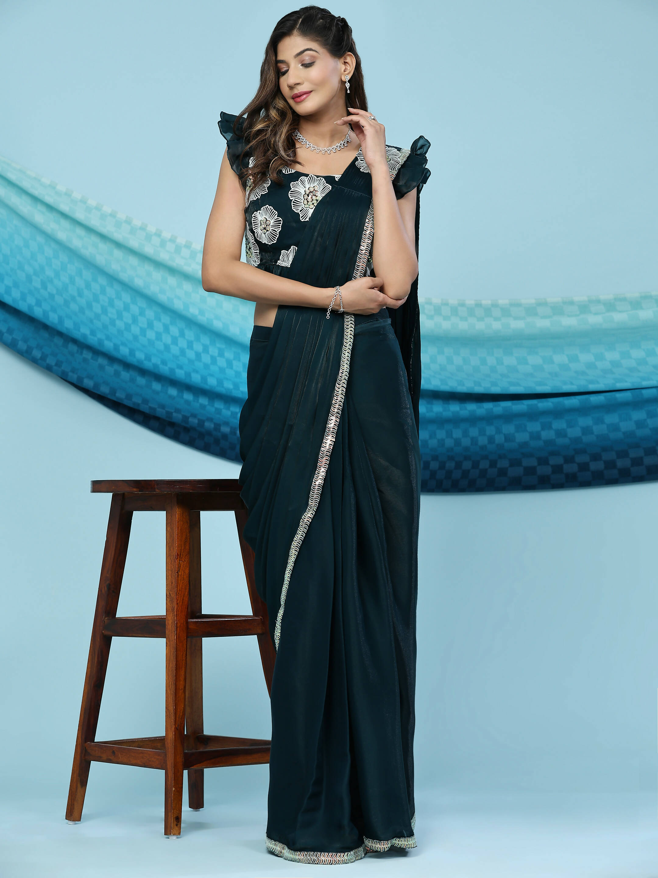 Green Silk Satin Sequence Work Ready to Wear Saree with stitched Blouse - Nirvana | Grocsy