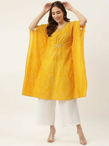 FIORRA Women's Printed Pure Cotton Kaftan Kurta - Yellow | Grocsy
