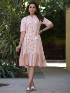 Juniper Women's Pink Cotton Printed Embroidered Flared Dress | Grocsy