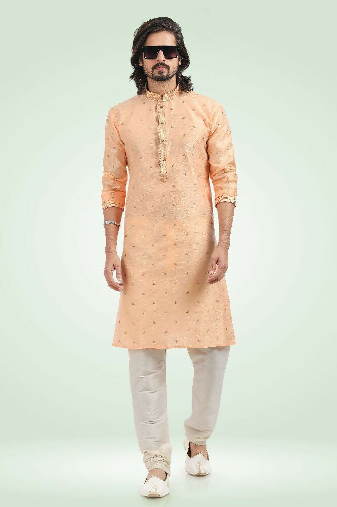 Raivat Ethnic Jacquard Banarasi Silk Pintux Work Kurta Pajama In Peach Colour | Grocsy