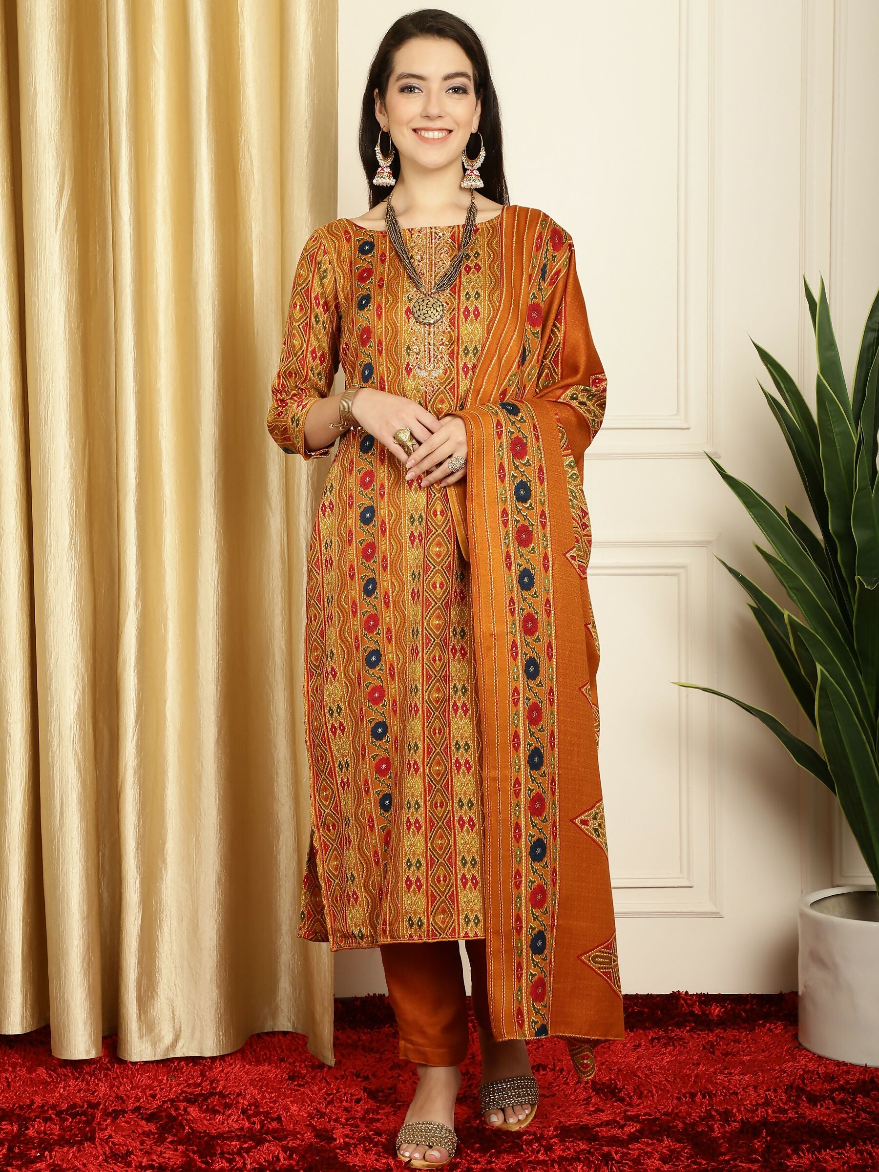 Jyoti Fashion Women's Mustard Pashmina Floral Digital Printed Kurta with Trouser & Dupatta | Grocsy