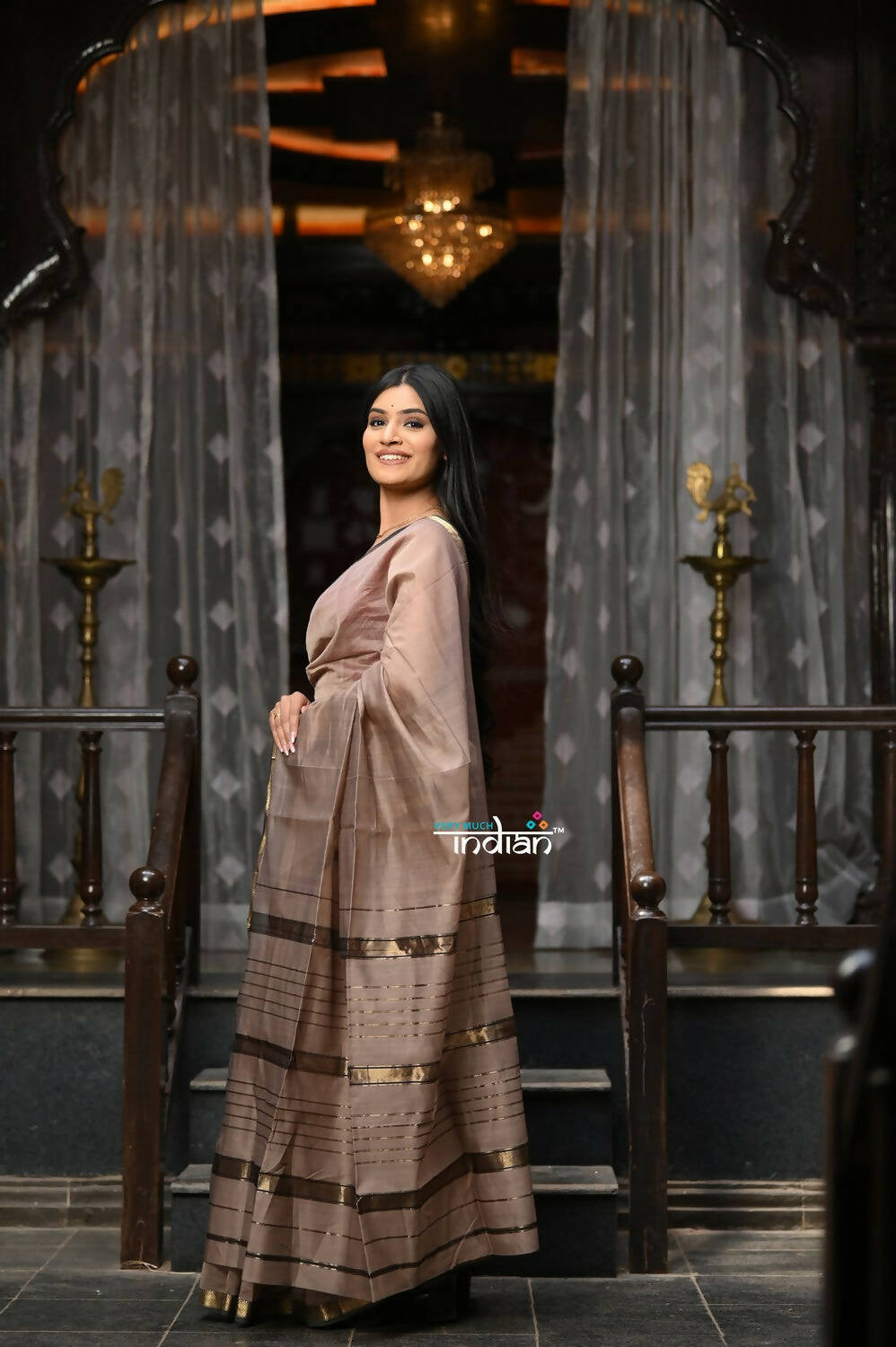 Very Much Indian VMI Exclusive Designer! Handloom Cotton Silk Saree With Sleek Golden Border - Warm Taupe | Grocsy