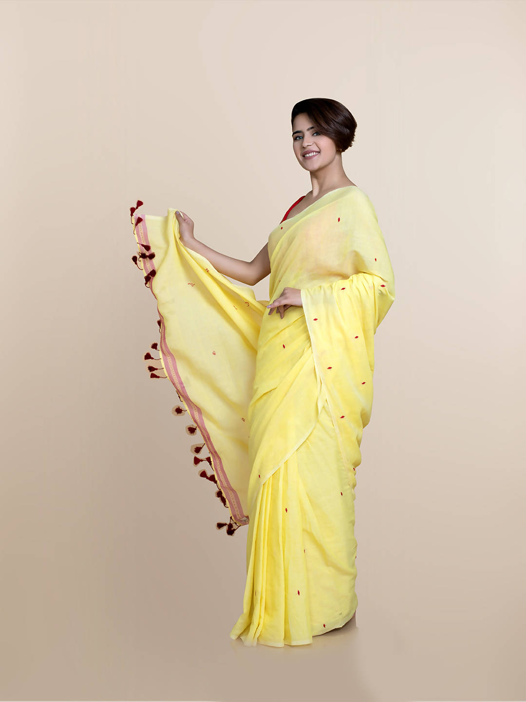 Suta Yellow Maroon Pure Cotton Saree | Grocsy