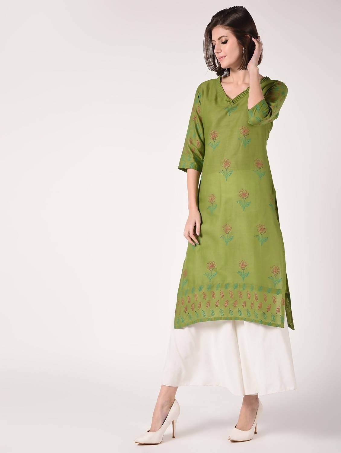 Cheera Hand Block Print Olive green Latest Straight Kurta | Grocsy