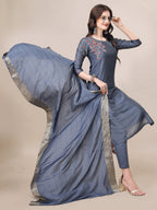 Embroidered Kurta With Pant & Dupatta Set, Multicolor - Hiral Fashion | Grocsy