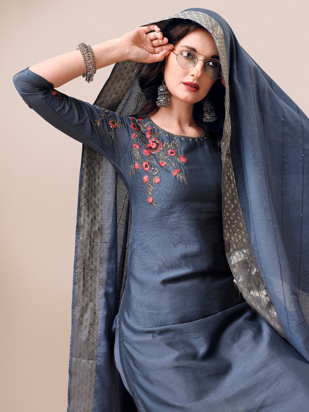 Embroidered Kurta With Pant & Dupatta Set, Multicolor - Hiral Fashion | Grocsy