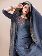 Embroidered Kurta With Pant & Dupatta Set, Multicolor - Hiral Fashion | Grocsy