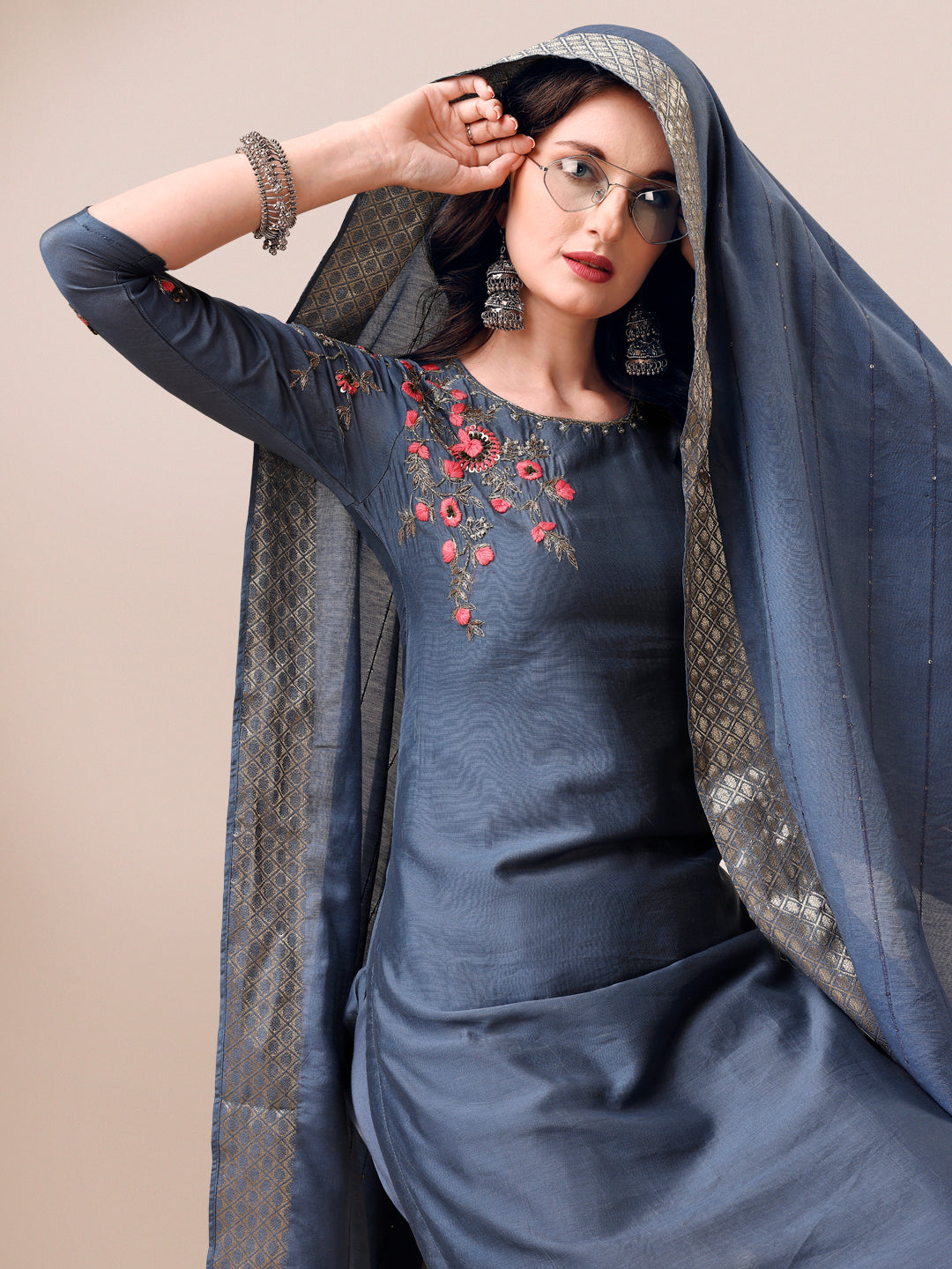 Embroidered Kurta With Pant & Dupatta Set, Multicolor - Hiral Fashion | Grocsy