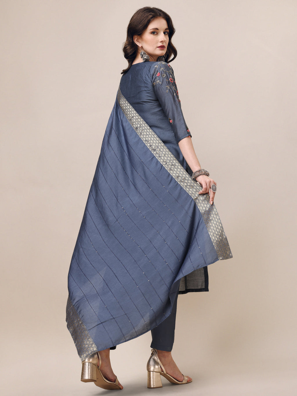 Embroidered Kurta With Pant & Dupatta Set, Multicolor - Hiral Fashion | Grocsy