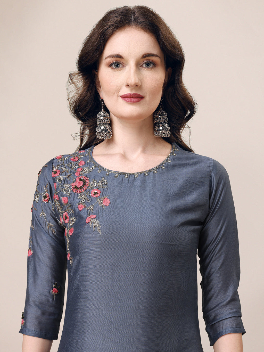 Embroidered Kurta With Pant & Dupatta Set, Multicolor - Hiral Fashion | Grocsy