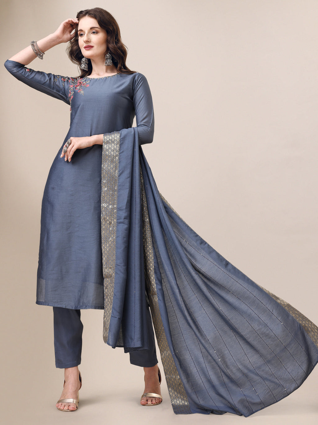 Embroidered Kurta With Pant & Dupatta Set, Multicolor - Hiral Fashion | Grocsy