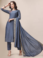 Embroidered Kurta With Pant & Dupatta Set, Multicolor - Hiral Fashion | Grocsy
