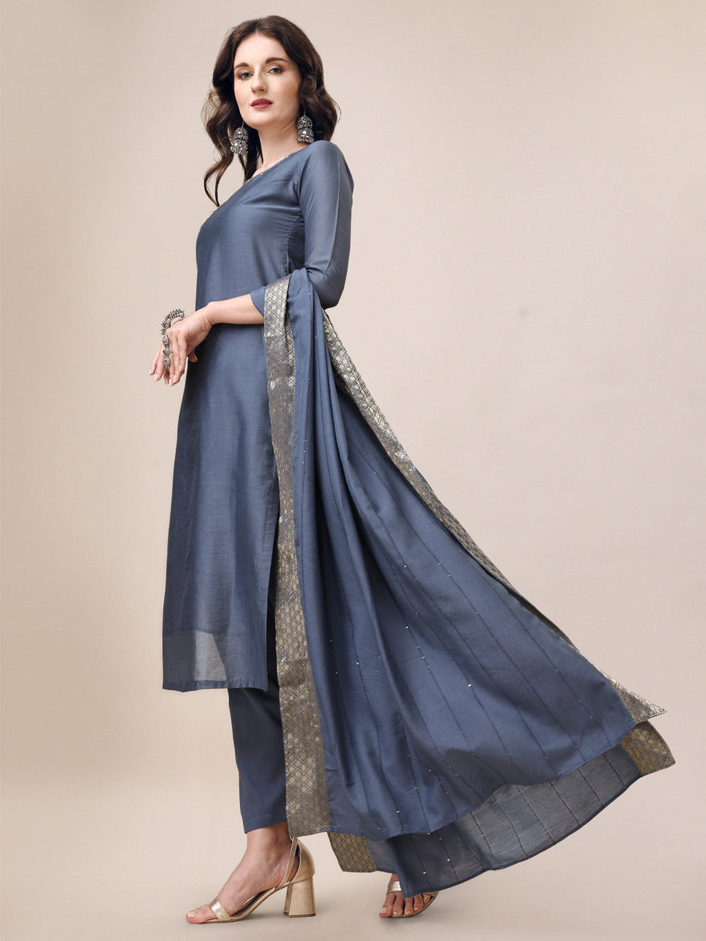 Embroidered Kurta With Pant & Dupatta Set, Multicolor - Hiral Fashion | Grocsy