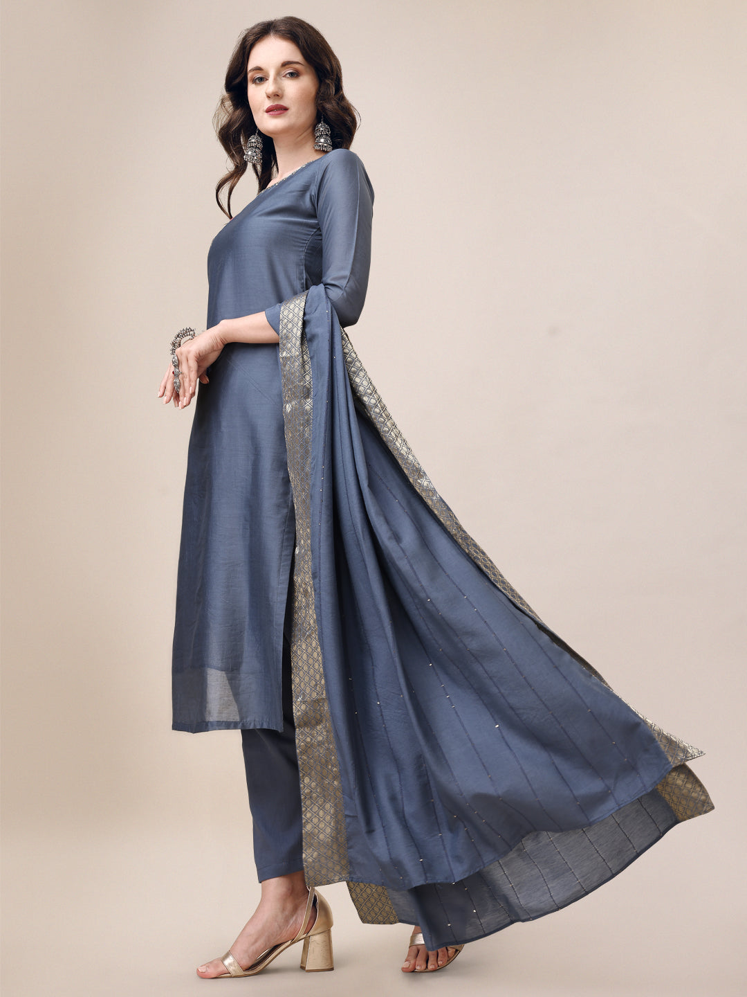 Embroidered Kurta With Pant & Dupatta Set, Multicolor - Hiral Fashion | Grocsy