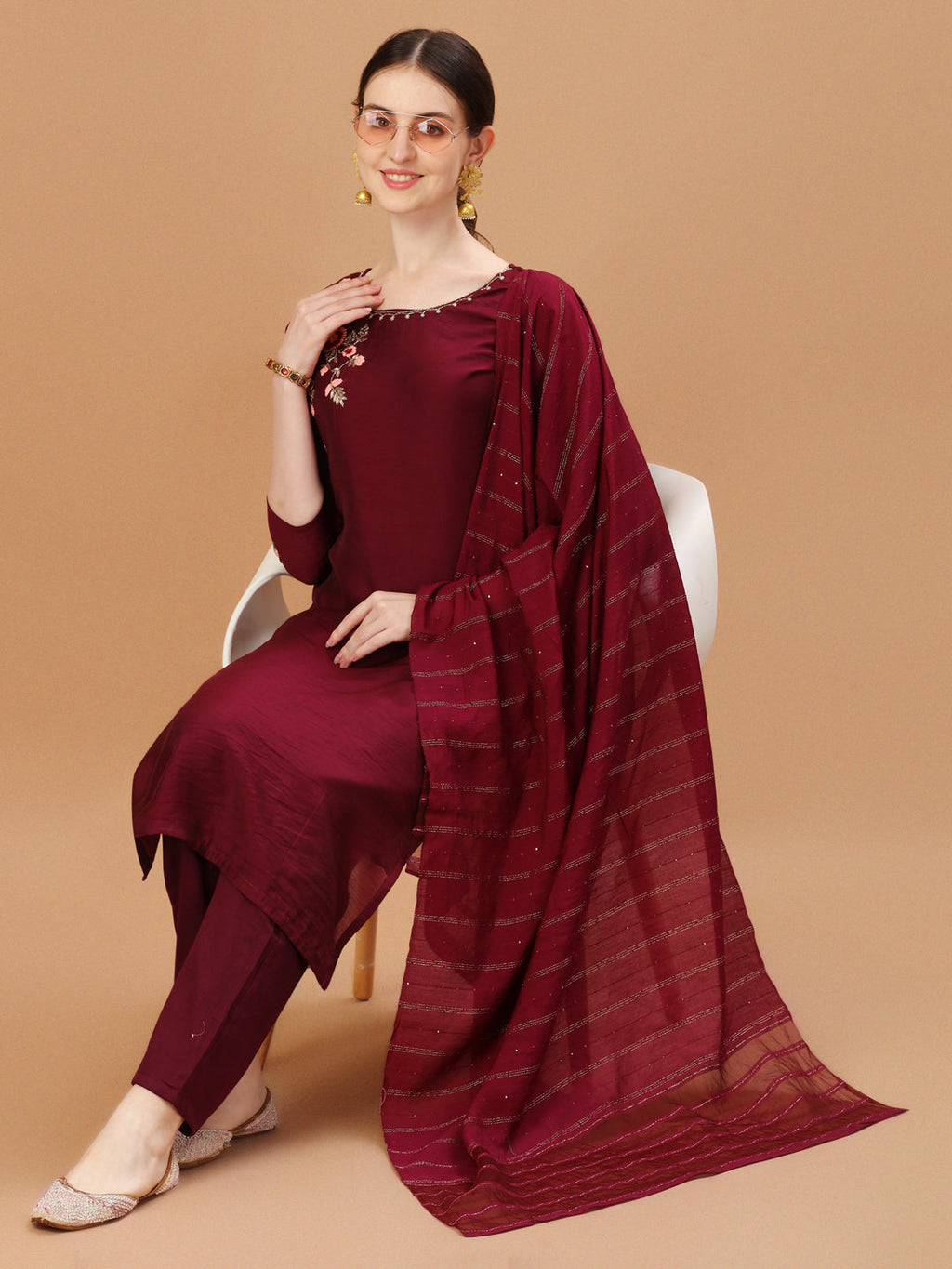 Placement Hand Embroidered Chanderi Kurta With Pant & Dupatta, Multicolor - Hiral Fashion | Grocsy